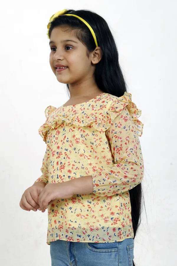 Yellow_Round_Neck__3/4_Sleeve_Georgette__Kids_Regular_Top