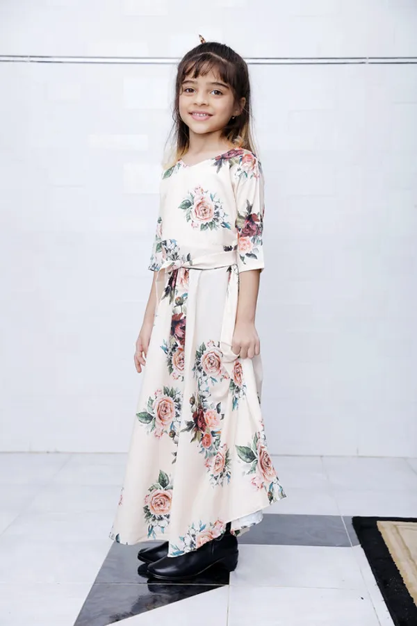 Beige_V_Neck__3/4_Sleeve_Rayon_Dress