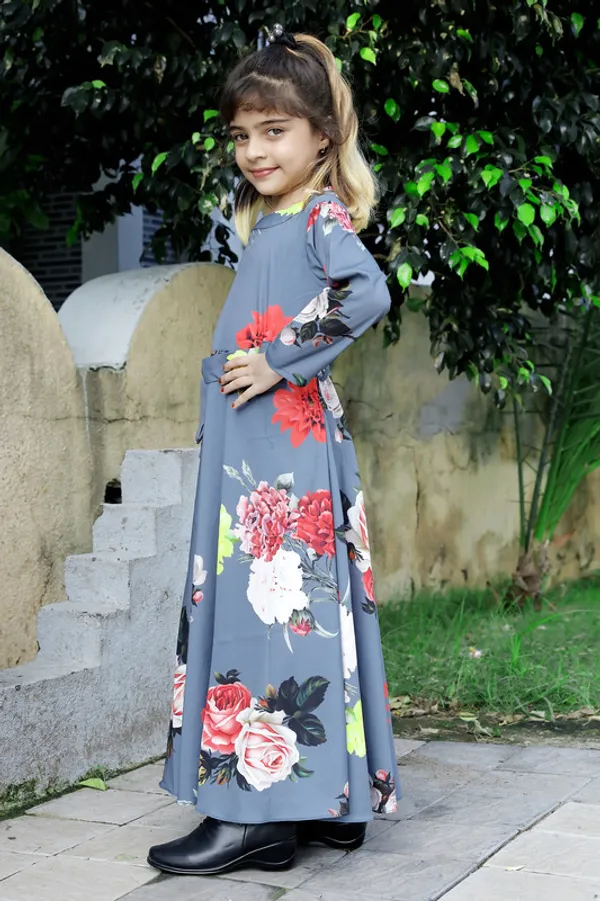 Grey_U_Neck__Long_Sleeve_Rayon_Dress