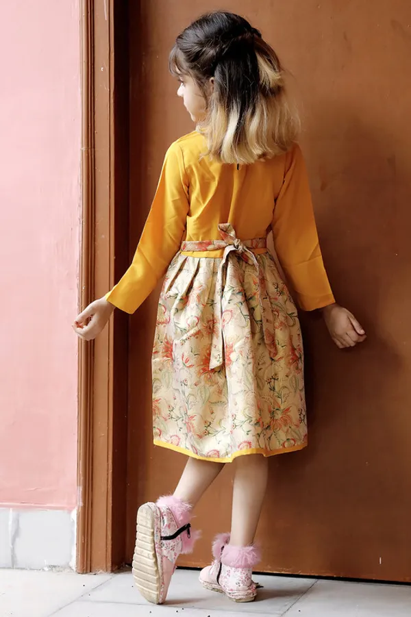 Yellow_Round_neck__Long_Sleeve_Crepe_Dress