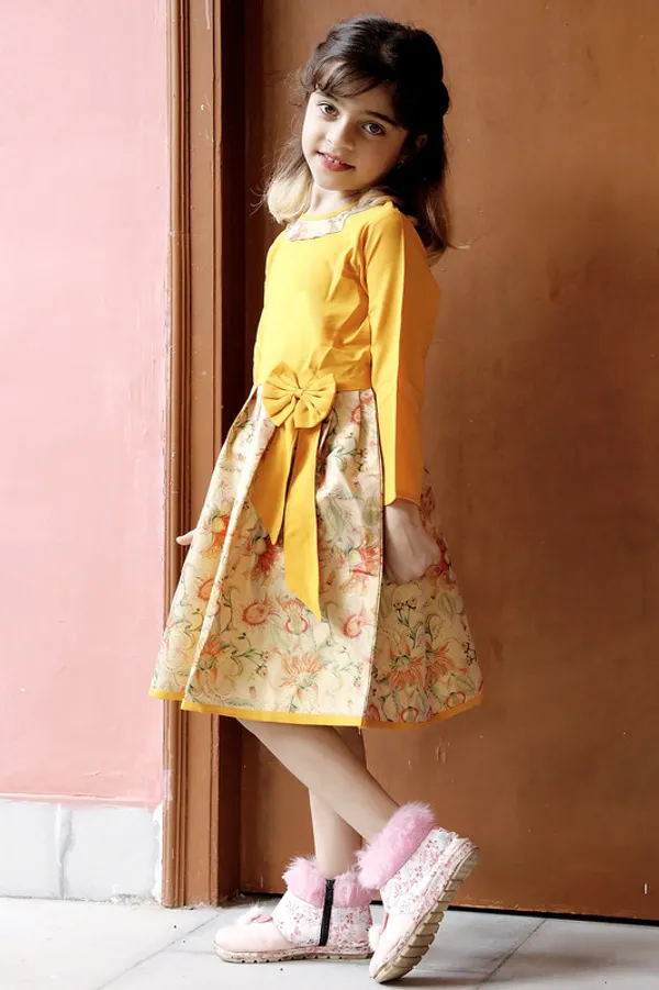Yellow_Round_neck__Long_Sleeve_Crepe_Dress