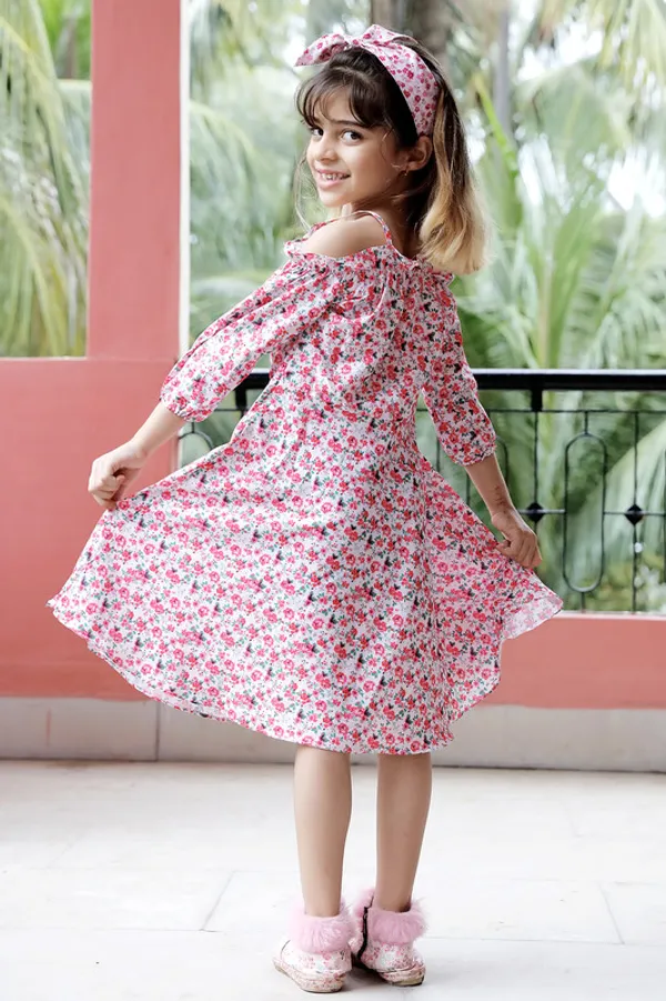 Pink_Off_Shoulder_3/4_Sleeve_Crepe_Blend_Dress