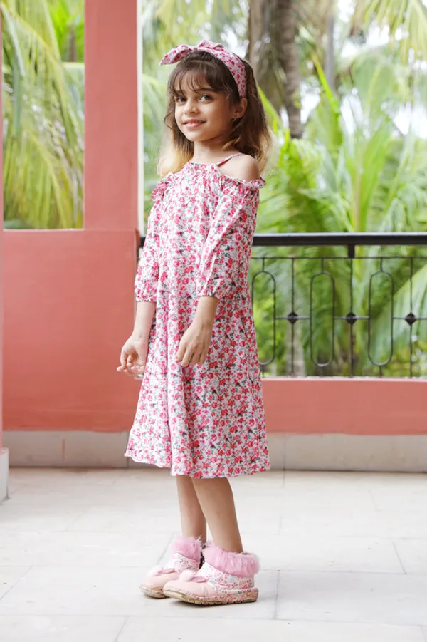 Pink_Off_Shoulder_3/4_Sleeve_Crepe_Blend_Dress