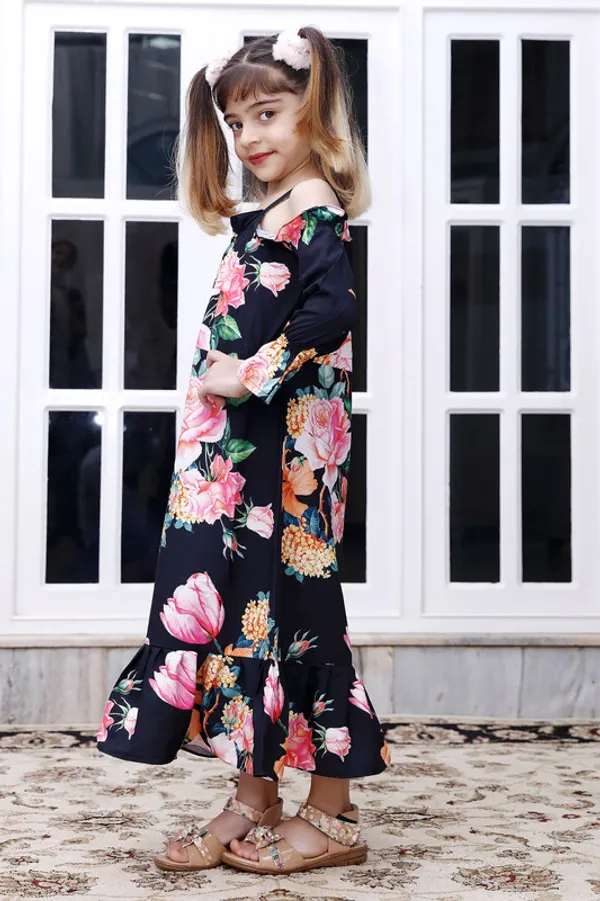 Black_Off_Shoulder_3/4_Sleeve_Crepe_Blend_Dress