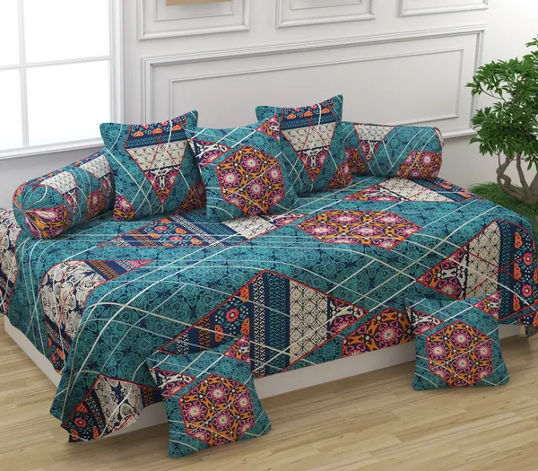 Diwan_Set_Covers_Cotton_8_Pieces_Pure_Cotton_Designer_Printed_Standard_Diwan_Set_(1_Single_Bedsheet,_2_Bolster_Covers,_5_Cushion_Covers)_GREEN