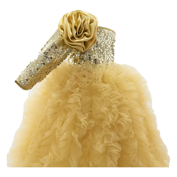 Golden_Polyester_Blend_Sequined_One_Shoulder_Dress_For_Girls