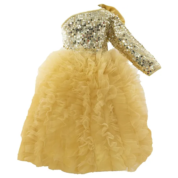 Golden_Polyester_Blend_Sequined_One_Shoulder_Dress_For_Girls