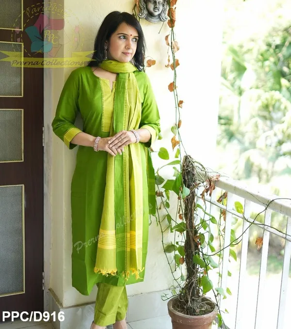 GREEN_COLOR_SOUTH_COTTAN_KURTA_&_PANT_WITH_DUPATTA_SET.