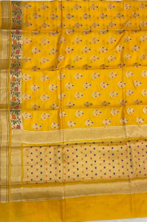 Humairah_Pure_Handwoven_Yellow_Tussar_Silk_Golden_Floral_Zari_Mina_Booti_with_Paithani_Zari_Border_and_Minakari_Pallu_with_Yellow_Blouse