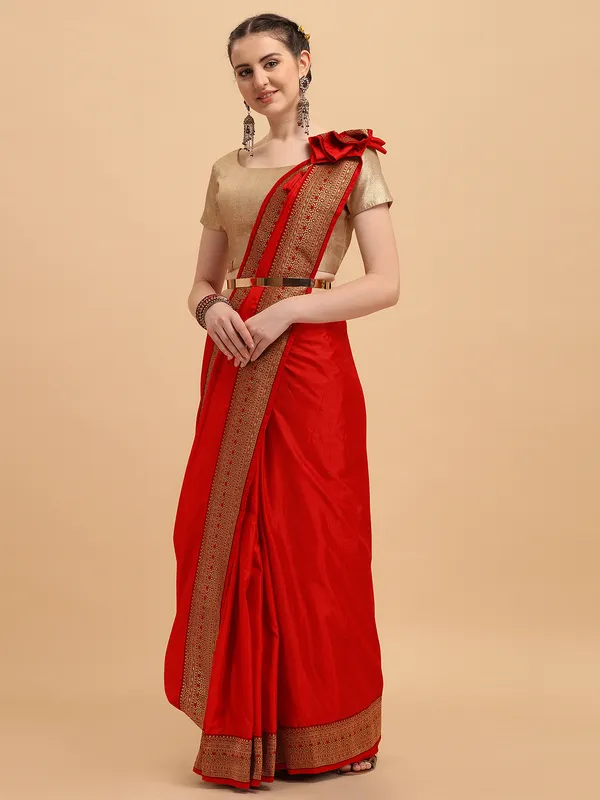 Red_Vichitra_Silk_Lace_Work_Designer_Saree