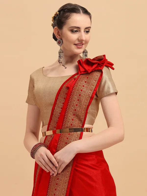 Red_Vichitra_Silk_Lace_Work_Designer_Saree
