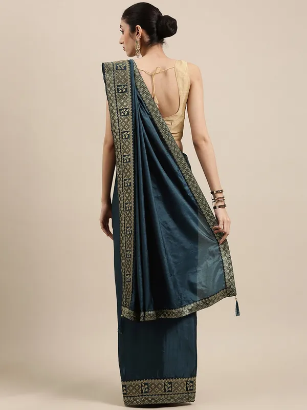 Teal_Blue_Vichitra_Silk_Lace_Work_Designer_Saree