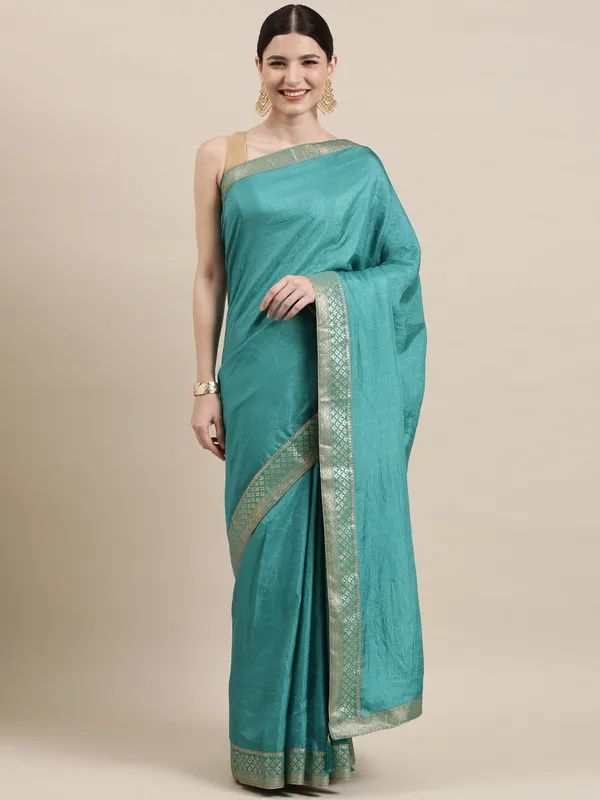 Teal_Blue_Vichitra_Silk_Designer_Saree