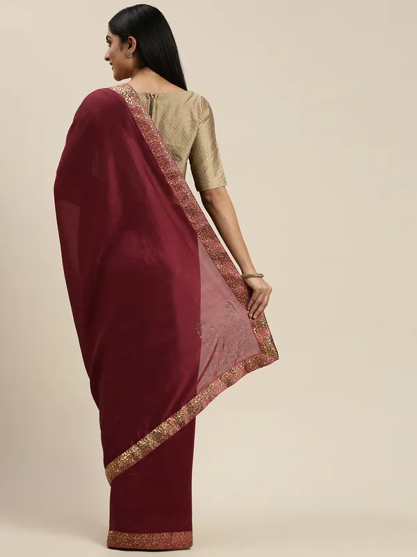 Maroon_Vichitra_Silk_Lace_Work_Designer_Saree