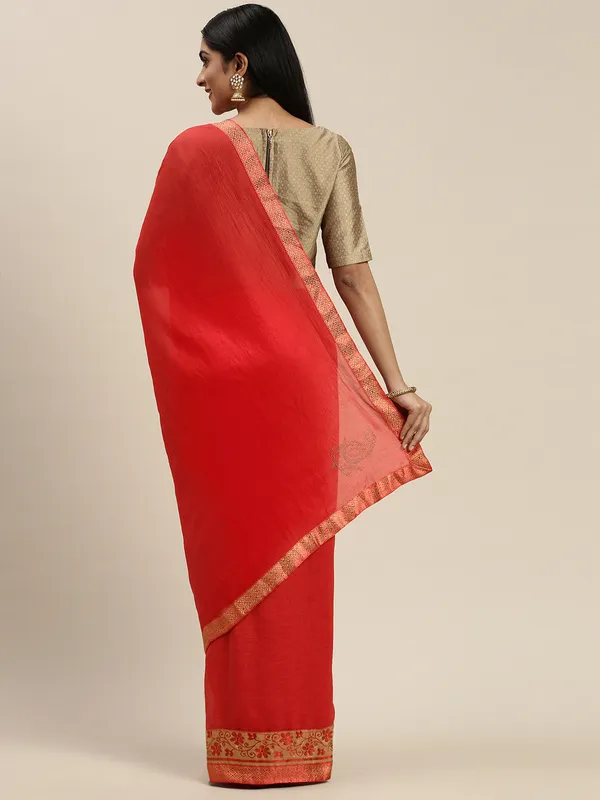 Red_Vichitra_Silk_Lace_Work_Designer_Saree