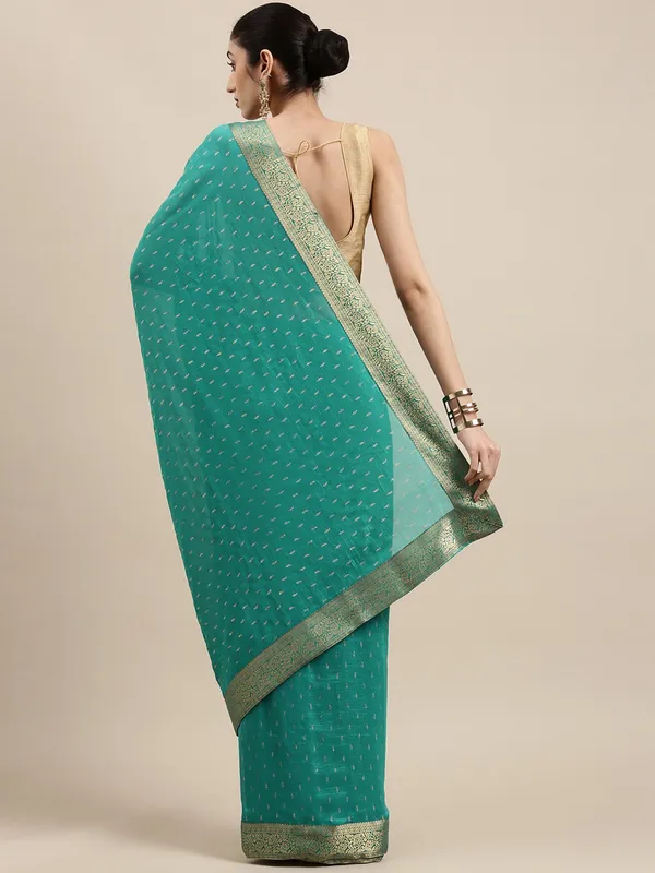 Turquoise_Green_Vichitra_Silk_Lace_Work_Designer_Saree