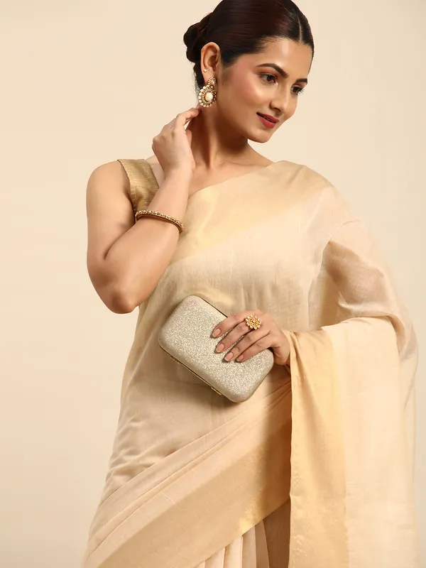 Indian_Women_Beige__Silk_Land_Zari_Design_Pure_Cotton_Fusion_Saree