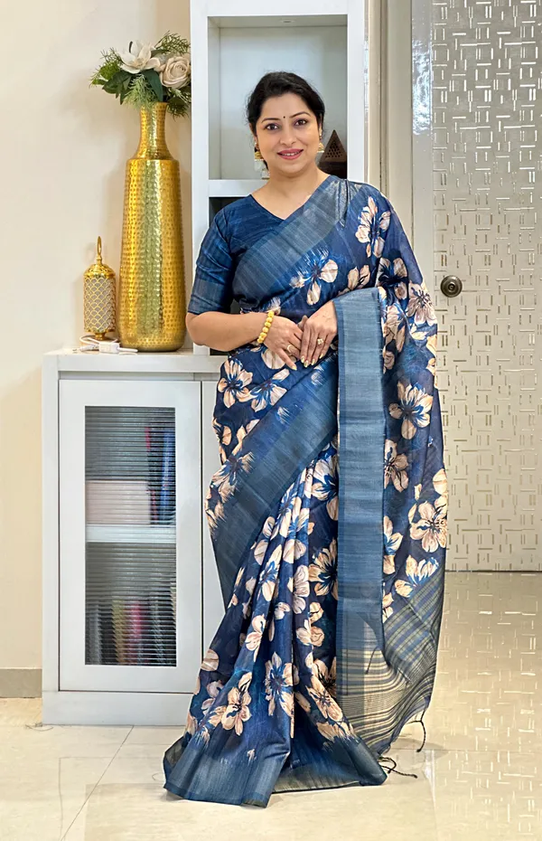 Gargi_Blue_–_Wise_Navratri_Special_|_Soft_Tussar_Silk_Saree_with_Print,_Pallu_&_Zari_Border_&_Contrast_Print_Blouse_with_Tassels