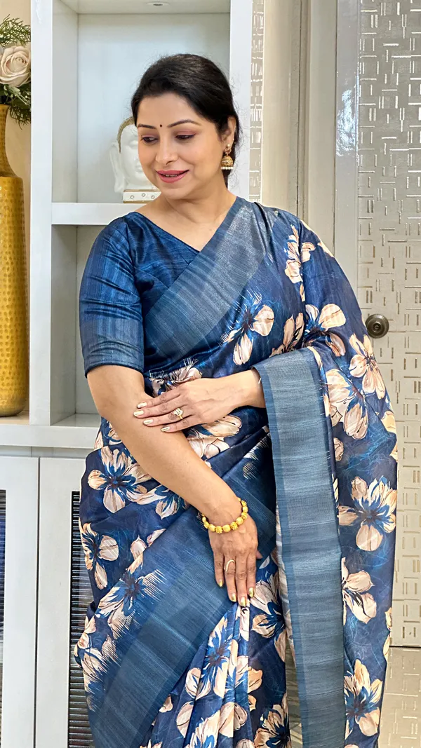 Gargi_Blue_–_Wise_Navratri_Special_|_Soft_Tussar_Silk_Saree_with_Print,_Pallu_&_Zari_Border_&_Contrast_Print_Blouse_with_Tassels