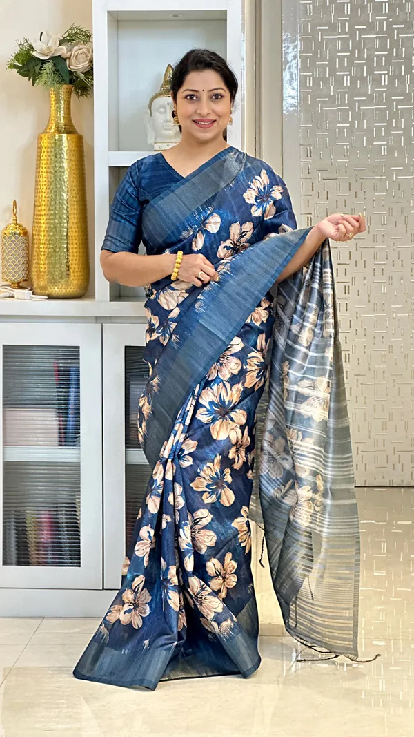 Gargi_Blue_–_Wise_Navratri_Special_|_Soft_Tussar_Silk_Saree_with_Print,_Pallu_&_Zari_Border_&_Contrast_Print_Blouse_with_Tassels