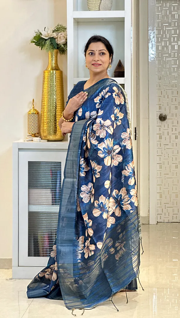 Gargi_Blue_–_Wise_Navratri_Special_|_Soft_Tussar_Silk_Saree_with_Print,_Pallu_&_Zari_Border_&_Contrast_Print_Blouse_with_Tassels