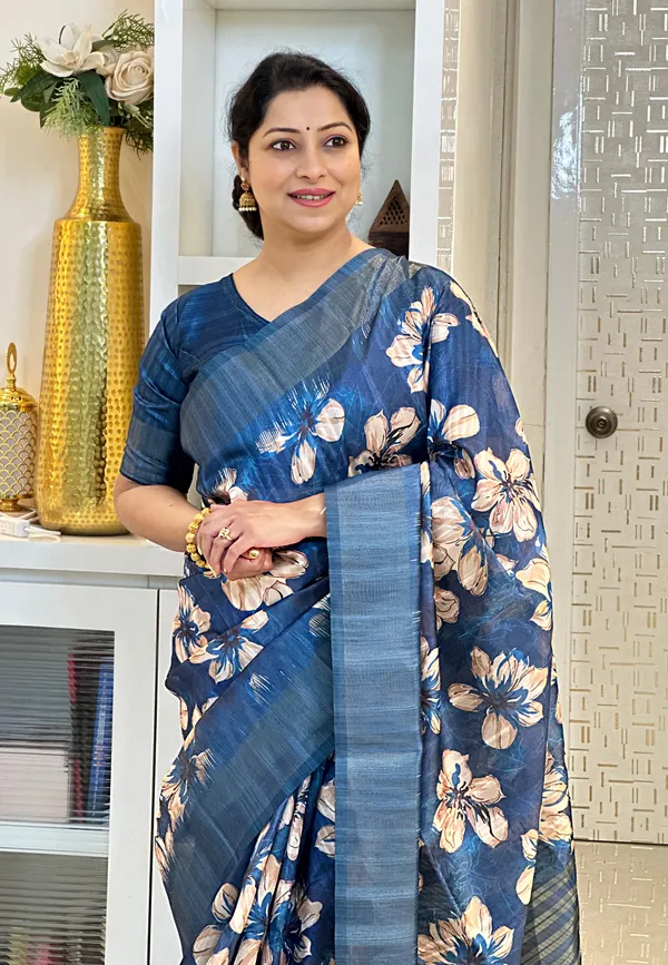 Gargi_Blue_–_Wise_Navratri_Special_|_Soft_Tussar_Silk_Saree_with_Print,_Pallu_&_Zari_Border_&_Contrast_Print_Blouse_with_Tassels