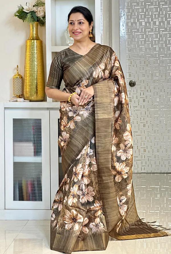 Gargi_Coffee_Brown_–_Wise_Aesthetic_Edit_for_You_|_Soft_Tussar_Silk_Saree_with_Print,_Pallu_&_Zari_Border_&_Contrast_Print_Blouse_with_Tassels
