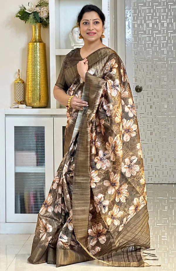 Gargi_Coffee_Brown_–_Wise_Aesthetic_Edit_for_You_|_Soft_Tussar_Silk_Saree_with_Print,_Pallu_&_Zari_Border_&_Contrast_Print_Blouse_with_Tassels