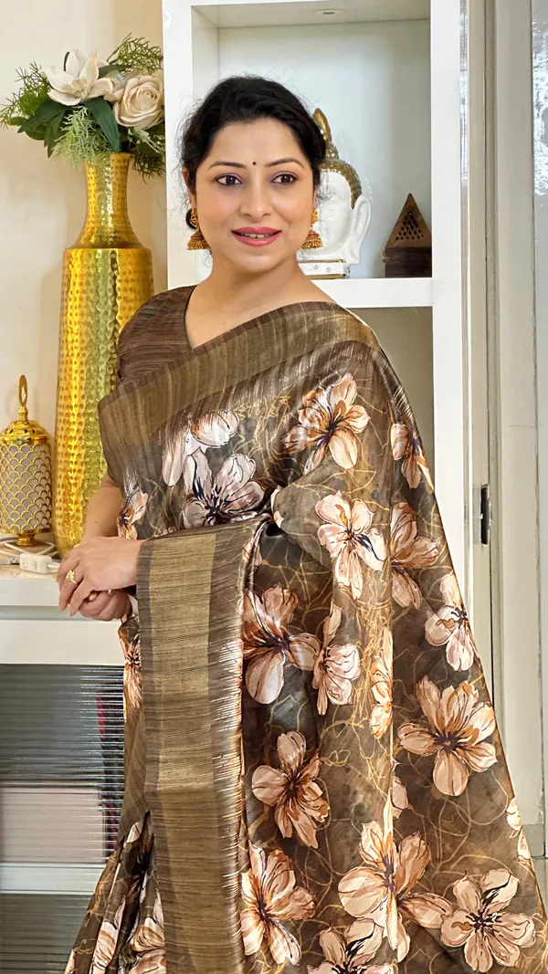 Gargi_Coffee_Brown_–_Wise_Aesthetic_Edit_for_You_|_Soft_Tussar_Silk_Saree_with_Print,_Pallu_&_Zari_Border_&_Contrast_Print_Blouse_with_Tassels