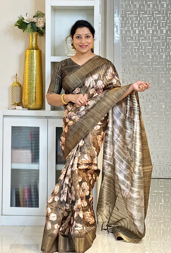 Gargi_Coffee_Brown_–_Wise_Aesthetic_Edit_for_You_|_Soft_Tussar_Silk_Saree_with_Print,_Pallu_&_Zari_Border_&_Contrast_Print_Blouse_with_Tassels