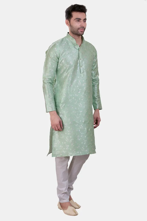 Floral_Print_Pista_Jacquard_Kurta_With_Paijama