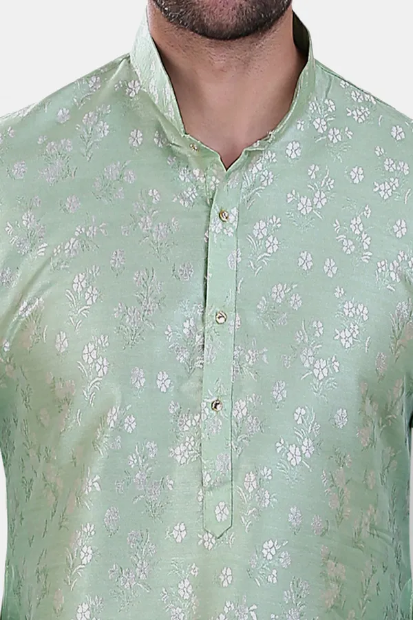 Floral_Print_Pista_Jacquard_Kurta_With_Paijama