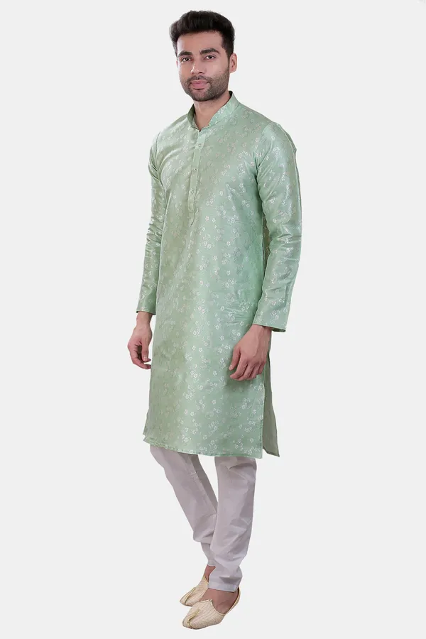 Floral_Print_Pista_Jacquard_Kurta_With_Paijama