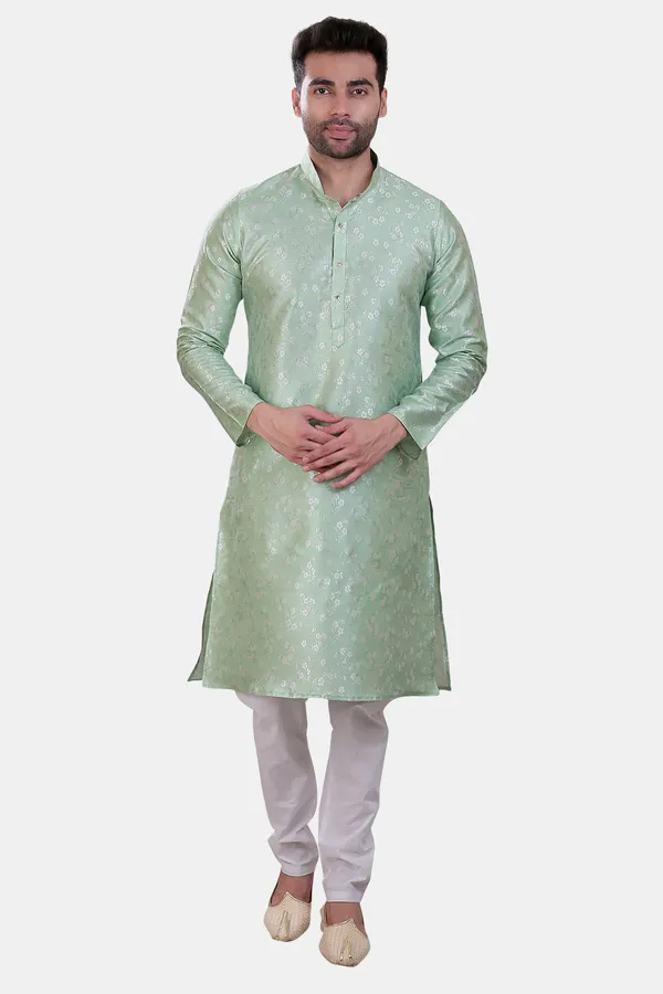 Floral_Print_Pista_Jacquard_Kurta_With_Paijama