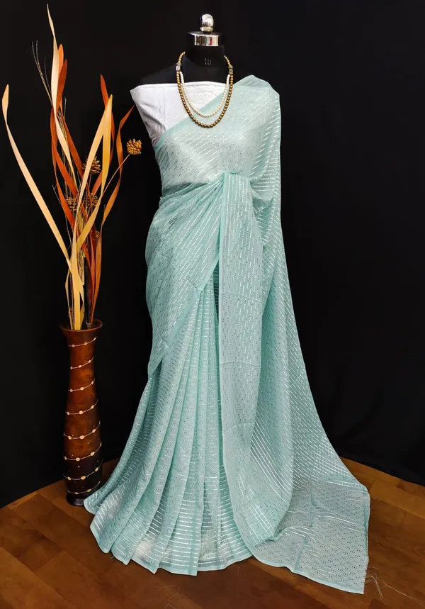 Georgette_Blue_Solid_Zari_Striped_Saree_With_Silver_Blouse