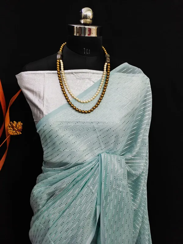 Georgette_Blue_Solid_Zari_Striped_Saree_With_Silver_Blouse