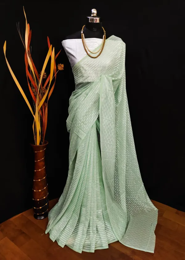 Georgette_Green_Solid_Zari_Striped_Saree_With_Silver_Blouse