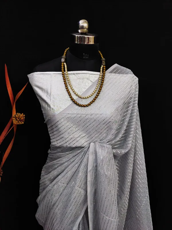 Georgette_Grey_Solid_Zari_Striped_Saree_With_Silver_Blouse
