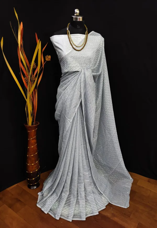 Georgette_Grey_Solid_Zari_Striped_Saree_With_Silver_Blouse