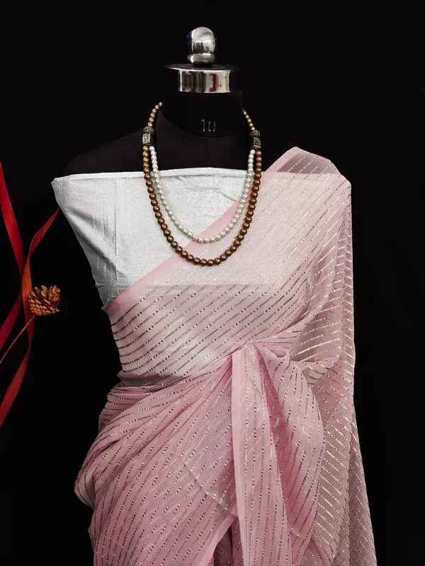 Georgette_Pink_Solid_Zari_Striped_Saree_With_Silver_Blouse