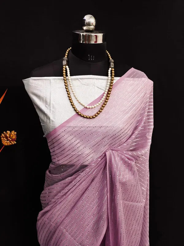 Georgette_Pink_Solid_Zari_Striped_Saree_With_Silver_Blouse