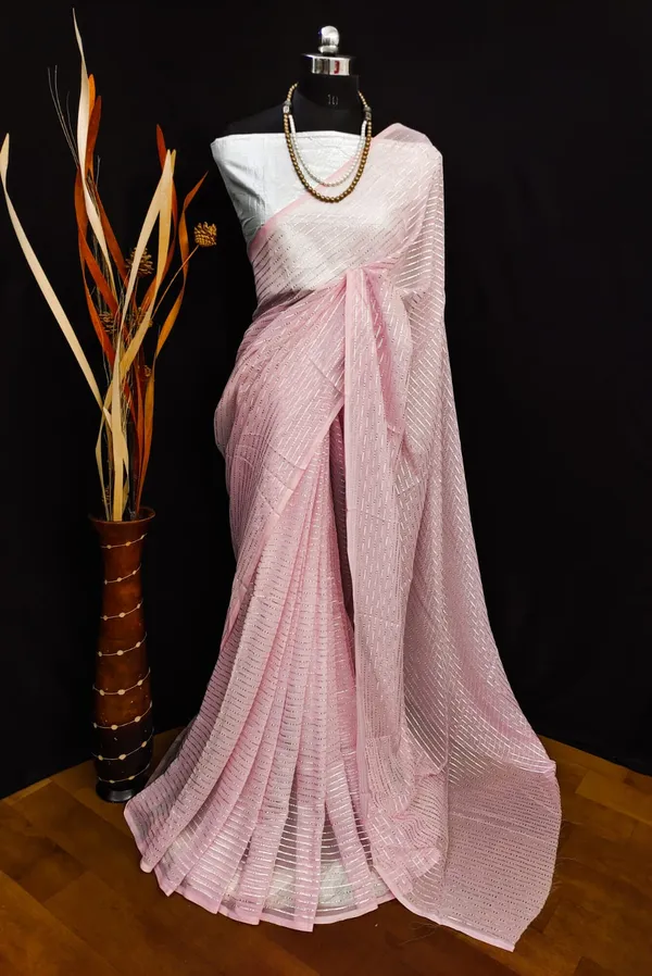 Georgette_Pink_Solid_Zari_Striped_Saree_With_Silver_Blouse