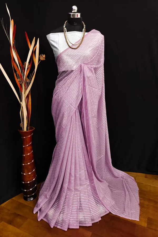 Georgette_Pink_Solid_Zari_Striped_Saree_With_Silver_Blouse
