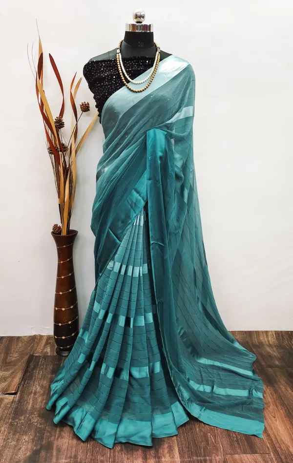 Georgette_Solid_Teal_Blue_Saree_With_Embroidery_Blouse