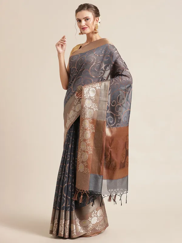 Grey_Masrise_Cotton/Cotton_Banarasi_Sarees_For_Women