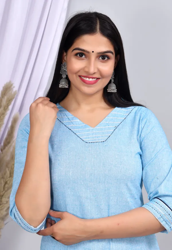 Sky_Blue_Khadi_Cotton_Printed_Casual_Wear_Kurta_And_Sharara_Set_For_Women