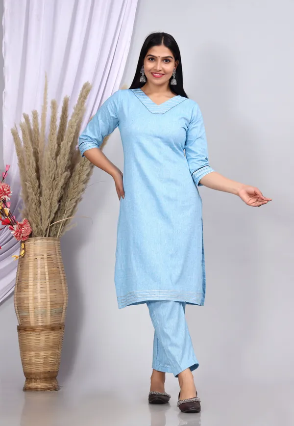Sky_Blue_Khadi_Cotton_Printed_Casual_Wear_Kurta_And_Sharara_Set_For_Women
