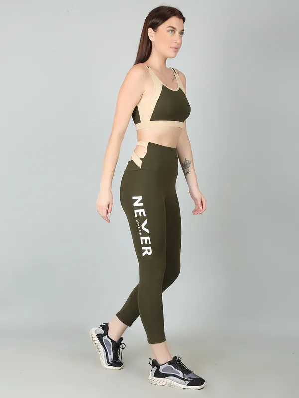 N-Gal GreenBeige Activewear Workout Yoga Gym Tights Crop Top