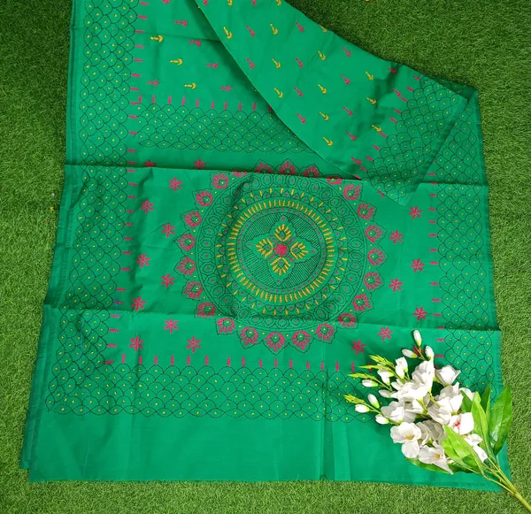 Green_Art_Silk_Kantha_Stitch_Handloom_Saree_With_Blouse_Piece