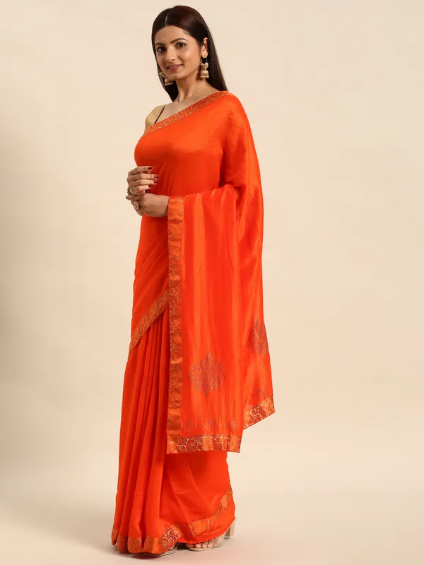 Orange_Vichitra_Silk__Saree_Fancy_Border_With_Swaroski_Diamond_Work
